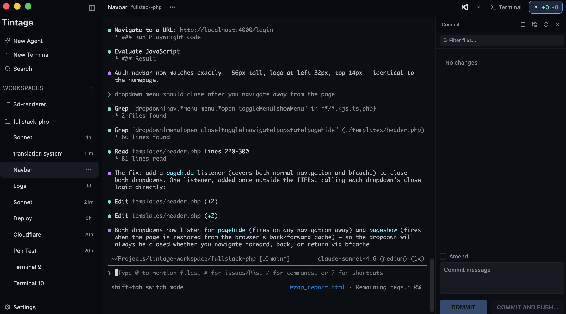 Vertical Tabs showing multiple AI agents, workspaces, and Git integration